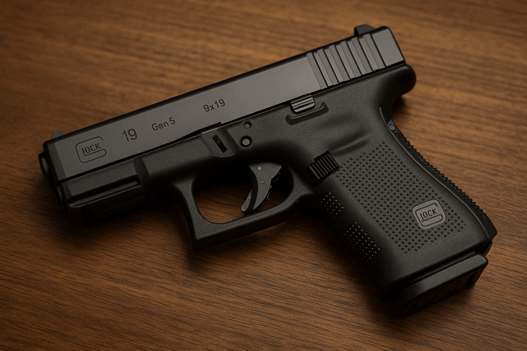 Glock 19 Gen 5 semi-automatic pistol displayed on a wooden surface, highlighting its textured grip and matte black finish