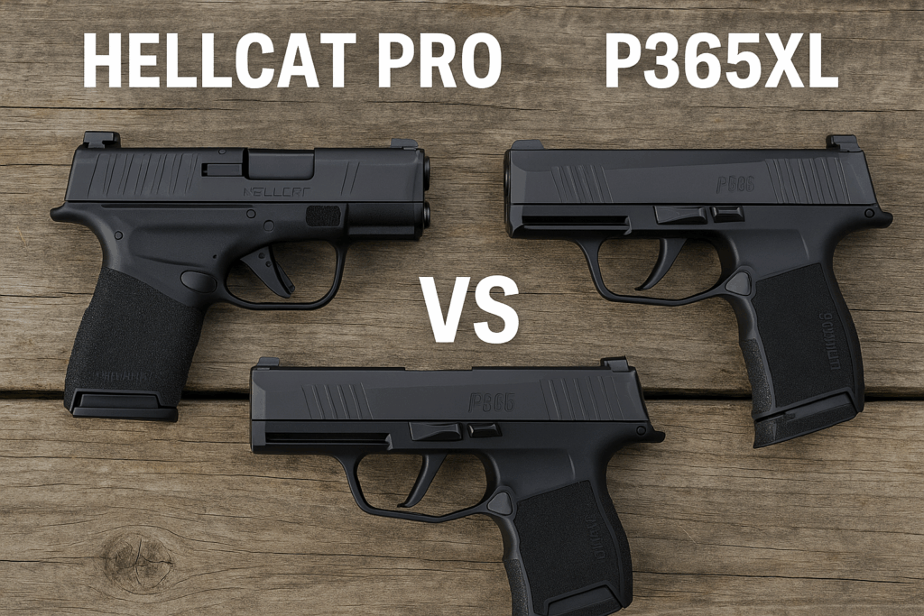 Side-by-side comparison of the Springfield Hellcat Pro and SIG Sauer P365XL pistols on a wooden surface, highlighting size and design differences.